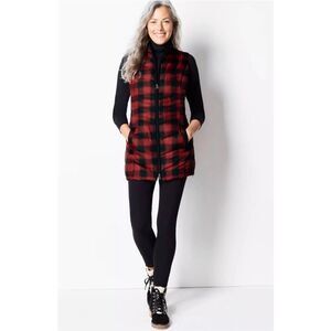 Jjill Down Twill Plaid Puffer Vest Side Zip Red Black Size S
